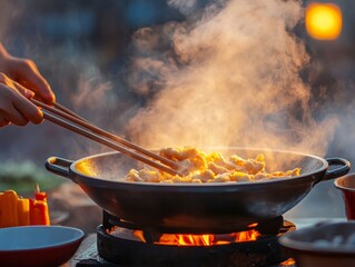 Urban Culinary Showcase Authentic Wok Cooking with Flames and Fresh Ingredients - Street Food Artistry for Modern Gastronomy and Marketing Insights