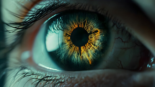 eye with a deep, glowing pupil, revealing a parallel universe where time flows in reverse 