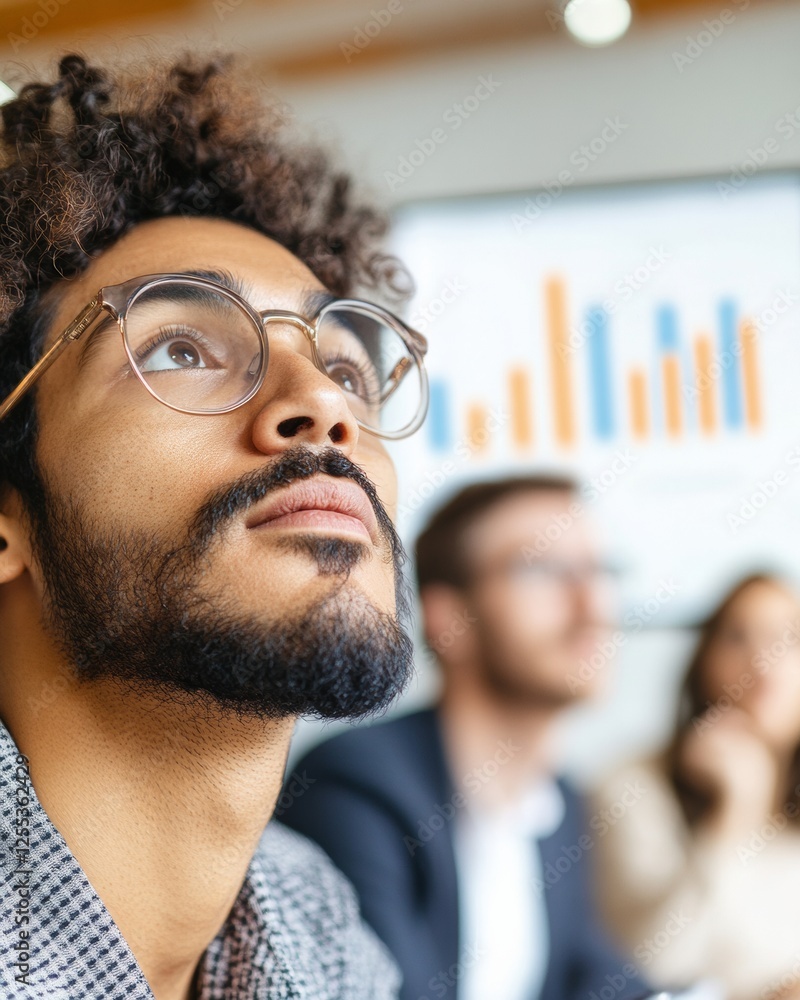 Poster bright corporate collaboration diverse group in financial strategy meeting with bar chart and notes 