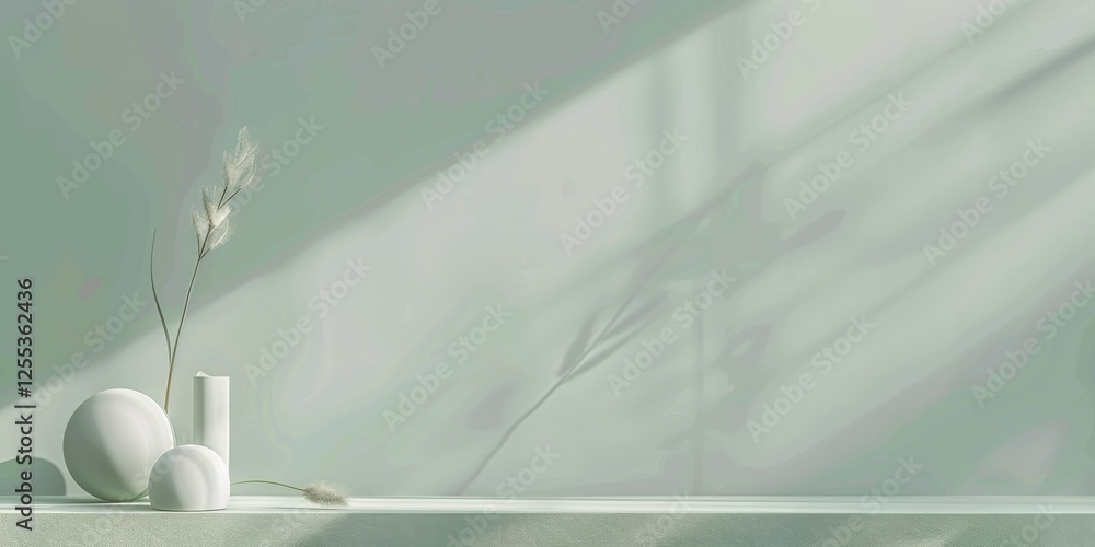 Poster a refined minimalist layout with a light seafoam green, abstract shapes and clean lines, modern mini