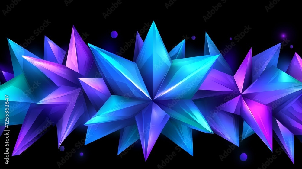 Poster abstract polygon stars in vivid hues on dark background with minimal light spots graphics