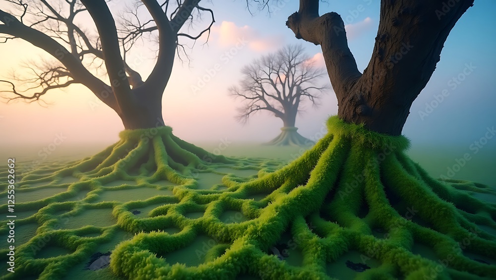 Poster tree roots covered in moss with misty background at dawn