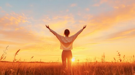 Golden Morning Empowerment Young Woman in Scenic Sunrise Field - Vibrant Positivity Stock Image for Wellness Campaigns and Outdoor Mindfulness Branding