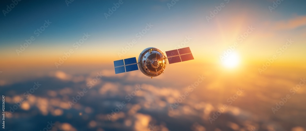 Poster Space Tech Aesthetic Shiny Satellite with Solar Panels and Communication Arrays - Climate Monitoring and Data Collection, Enhancing Earth Observation Content for Environmental Analysis