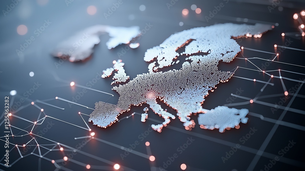 Poster futuristic 3d map of europe interconnected by digital networks, representing technology and global c