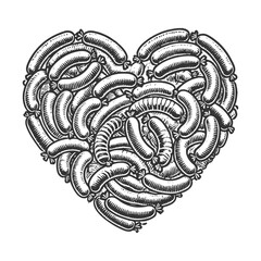 sausages arranged in a heart shape, symbolizing love for food or meat sketch engraving generative ai vector illustration. Scratch board imitation. Black and white image.
