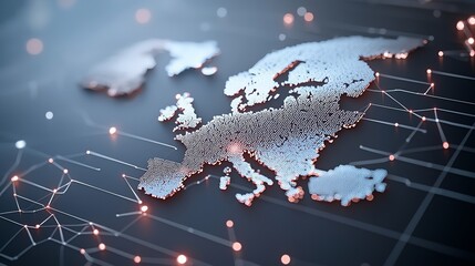 Futuristic 3D map of Europe interconnected by digital networks, representing technology and global communication.