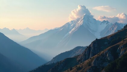 Majestic cloud formations against a backdrop of rugged terrain, misty, hillside