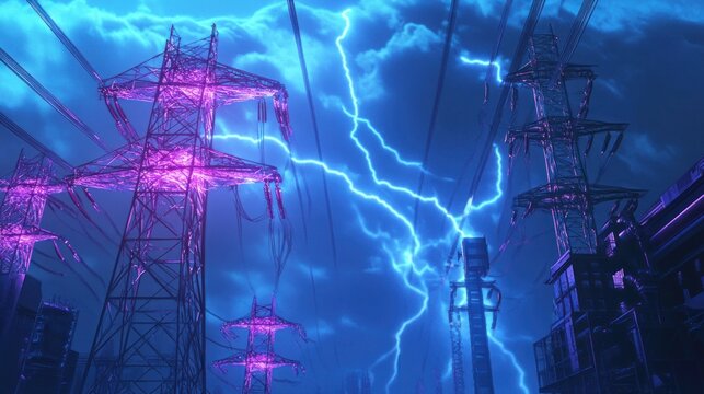 Electric future, Power lines illuminated during a dramatic lightning storm