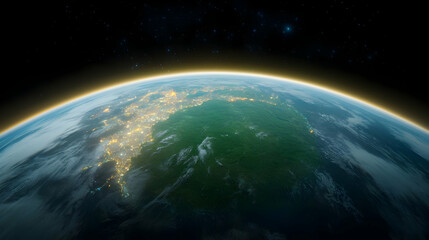 Earth's nighttime curve, city lights, space background