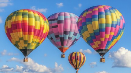 Fototapeta premium Colorful hot air balloons soaring, sunny sky, clouds. Travel poster