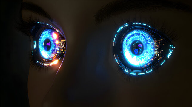 of eyes with glowing pupils, each showing a different parallel universe, one dystopian and one utopian 