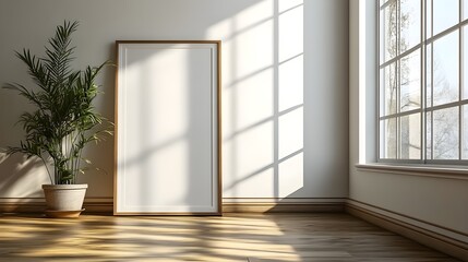 Obraz premium A Scandinavian-inspired modern home with light wood floors and a white frame leaning against the wall. 