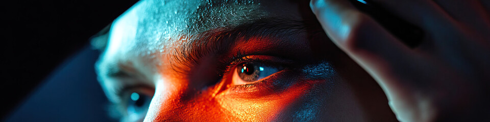 Fototapeta premium Close-up of Sweaty Face with Blue and Orange Lighting