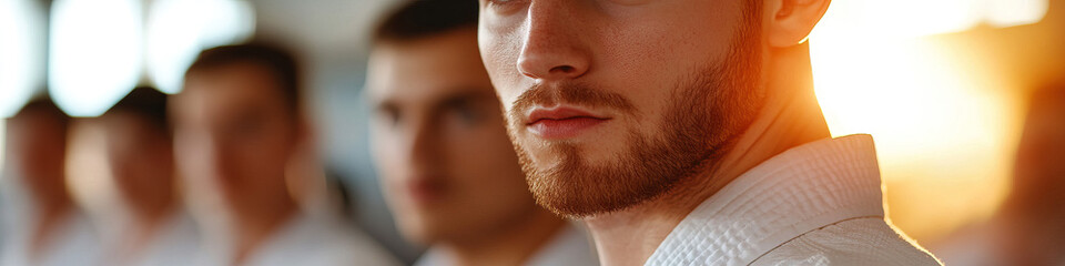 Close-up of Man in White Martial Arts Gi with Background Figures