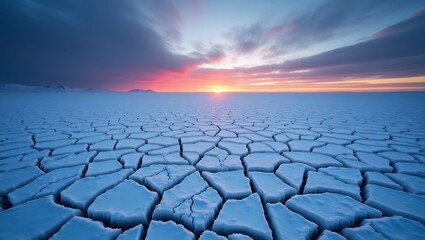 Cracked ice landscape under a colorful sunrise in a vast frozen expanse