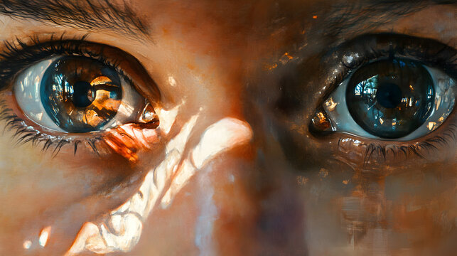 of eyes with glowing pupils, each showing a different parallel universe, one dystopian and one utopian 