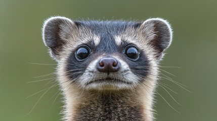 Fototapeta premium Cute raccoon dog portrait, green background, wildlife