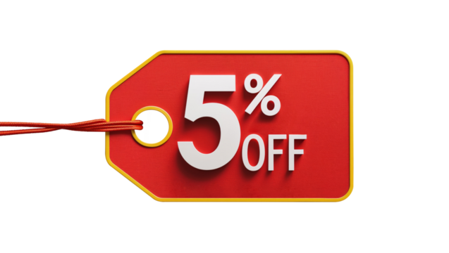 Red tag showing five percent discount on transparent background
