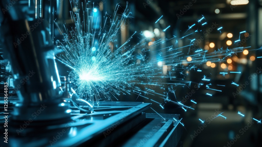 Poster automated welding process with vibrant blue sparks in a factory setting