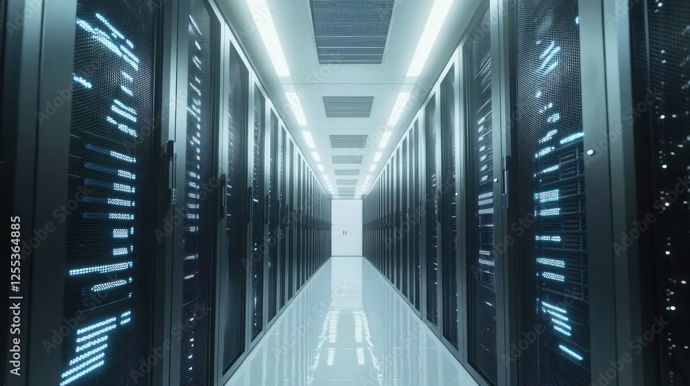 Aufkleber inside a modern data center: rows of server racks and high technology