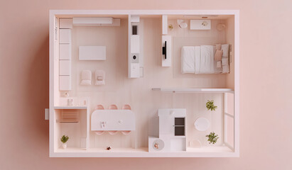 A top view of an architectural floor plan of the interior design, in a light pink and white color palette, with a minimalistic modern style and some furniture elements. The room is located on 