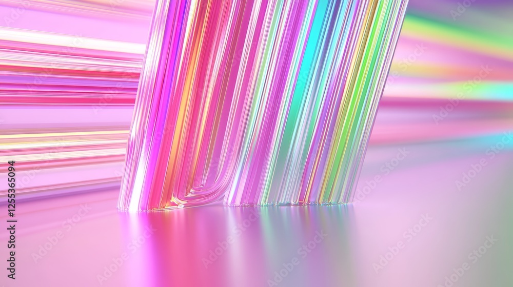 Poster abstract reflective prism beams with gradient colors in light pink space and smooth reflection