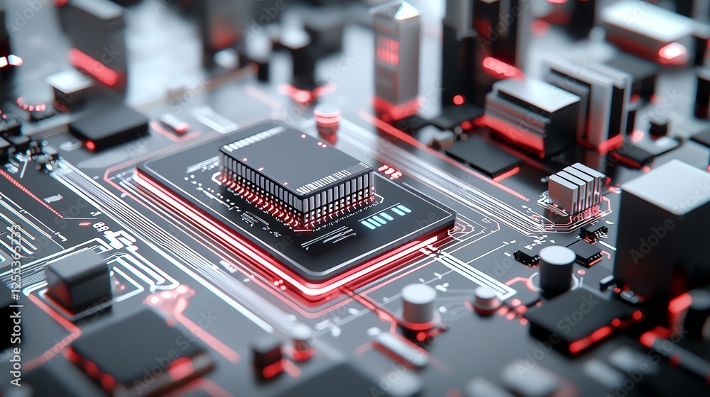 Poster futuristic microchip on a circuit board with glowing red lights, showcasing advanced technology and 