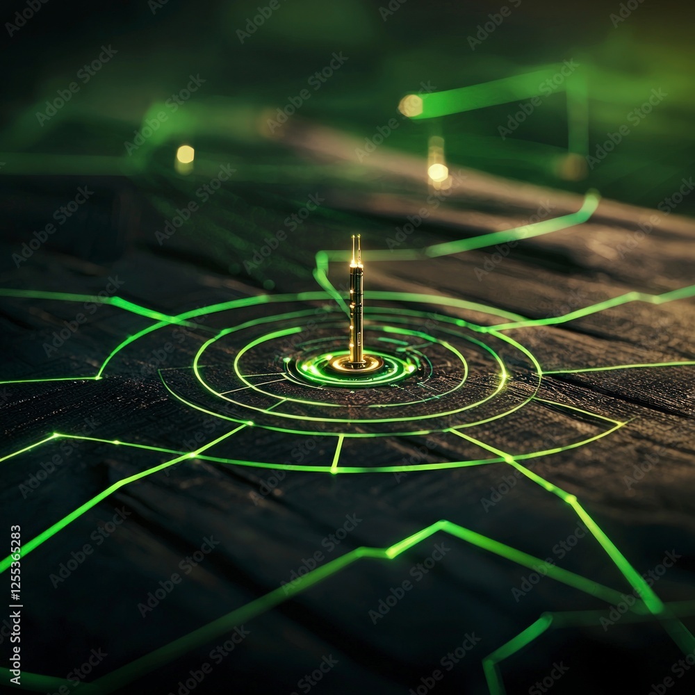 Poster abstract technological network background with glowing green lines and gold metallic point