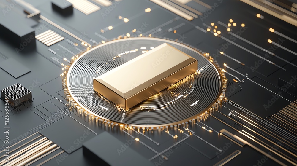 Poster futuristic microchip with golden components on a circuit board, symbolizing advanced technology.