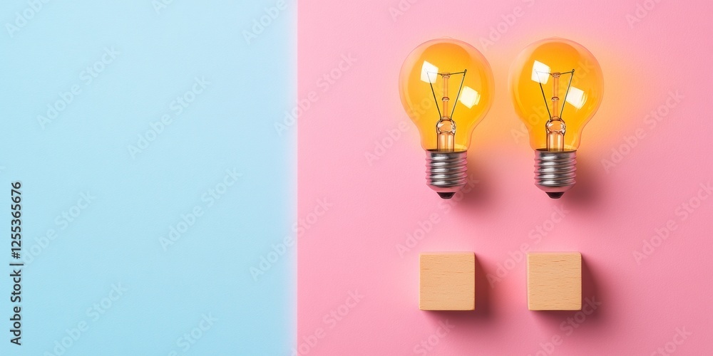 Aufkleber contemporary minimalist workspace lightbulb icons and wooden blocks on pastel surface - innovative b