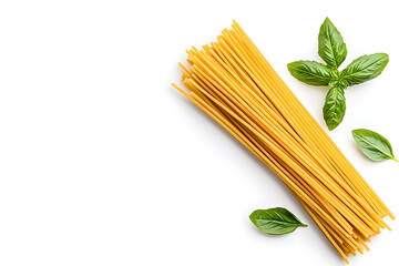 Top view raw spaghetti isolated on white background