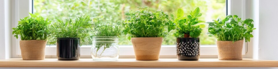 Fototapeta premium Scandinavian Botanical Display Herb Garden in Textured Ceramic and Glass Vessels on Wooden Shelf - Culinary Content and Sustainable Interior Decor Merchandising