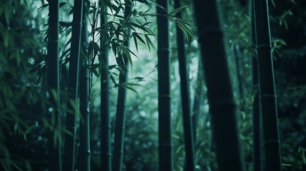 Bamboo Forest, green bamboo shoots in the middle of dense vertical rows, fresh and natural colors