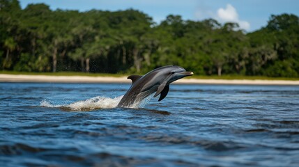 Fototapeta premium A friendly dolphin leaping out of the ocean, water sparkling around it as it catches the sunlight
