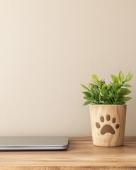 Fototapeta premium Natural Corporate Spaces Minimalist Wooden Desk with Paw Print Planter and Laptop - Promoting Pet-Friendly Wellness in Eco-Conscious Offices and HR Policies