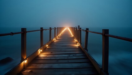 Naklejka premium Long wooden pier extending into foggy sea with glowing lights at dusk