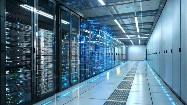 Futuristic Data Center Corridor with Symmetrical Server Racks and Dynamic Blue Light Trails in High-Tech Environment