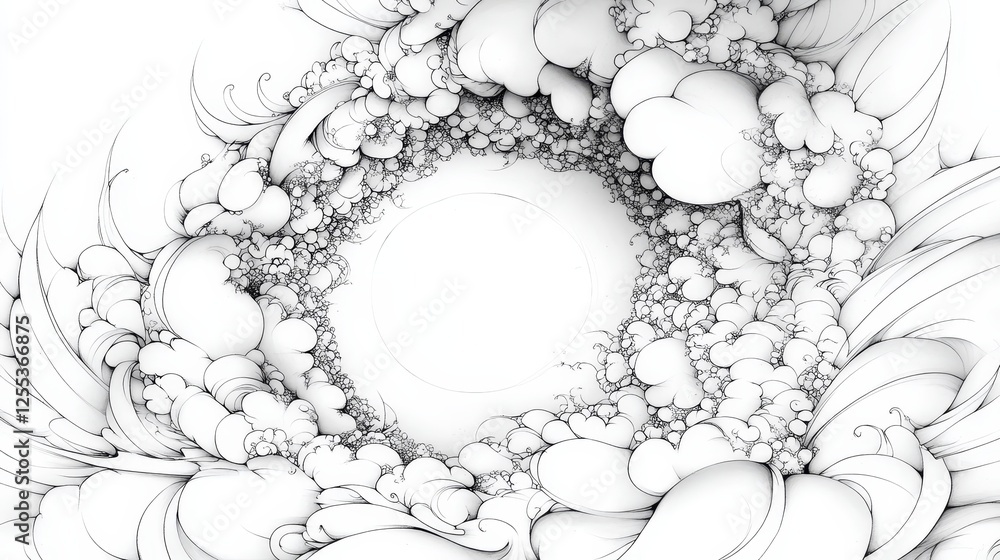 Poster abstract spherical cloud structure composed of intertwined bubbles and lines with a central hole