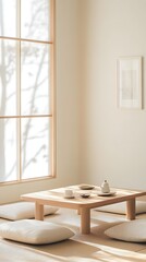 Fototapeta premium A serene tea room with floor cushions, a wooden table, and a white frame in a thin, natural frame.