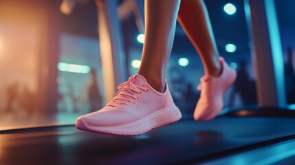 Naklejka premium lose-up of a woman's legs in unbranded sneakers running on a treadmill at the gym