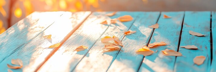 Autumn-Inspired Rustic Table Decor Natural Wooden Surface with Golden Leaves - Seasonal Design Aesthetics for Hospitality and Homeware Visual Storytelling