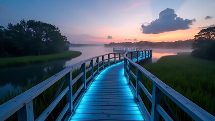 Obraz premium Pathway leading to a calm lake during sunset with glowing lights