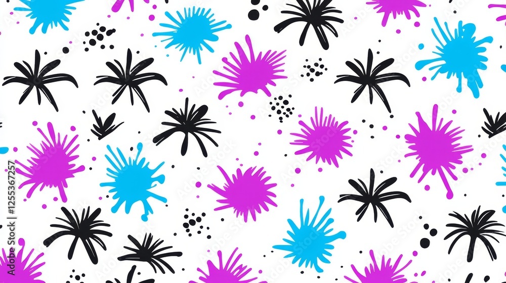 Poster abstract splatters patterned on white background with black asterisk shapes and colored dots