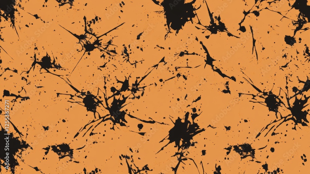 Poster abstract splatter pattern with dark ink blotches over light orange background randomly distributed