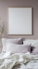 A serene lilac-themed bedroom with neutral decor and a framed white canvas above the headboard.