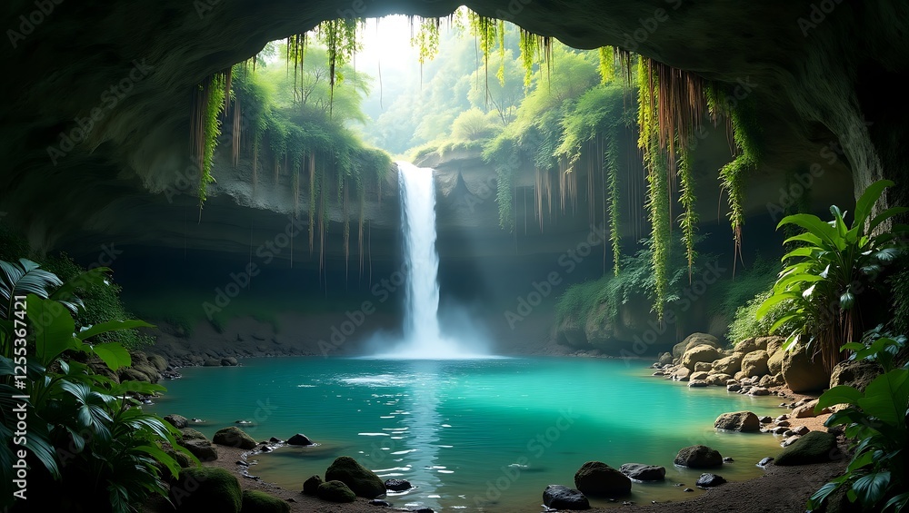 Poster waterfall cascading into a turquoise pool in a lush cave setting with greenery