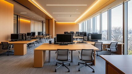 A modern office space with desks and chairs arranged neatly, symbolizing the focus on professional work in Japan's business culture.