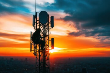 Silhouetted against a bright sky, a telecom technician in a harness and helmet works on equipment atop a tall telecommunications tower, emphasizing the challenging nature of their job.