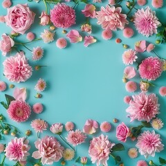 Spring or summer floral background featuring pink roses and chrysanthemums on a turquoise paper, arranged in a flat lay top view with a pattern frame. Perfect for spring concepts, Women's Day themes, 